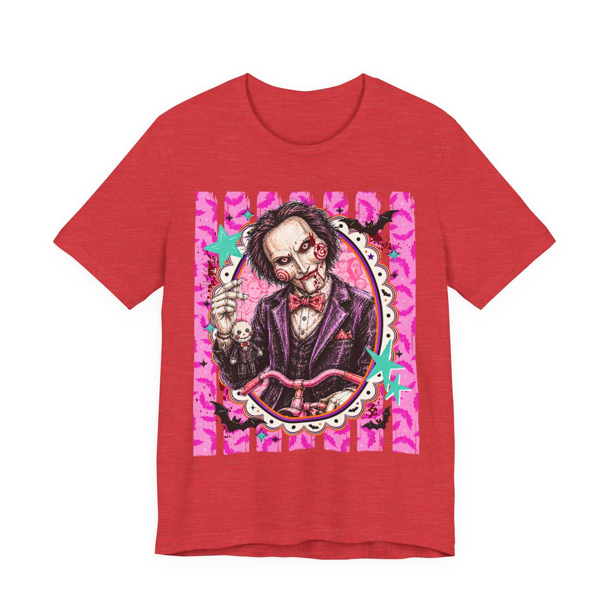 Saw Puppet Graphic Tee — Retro Pink Horror Movie T-Shirt