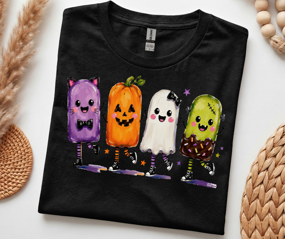 Halloween Popsicle Crew T-Shirt — Cute Dancing Pumpkin, Ghost & Candy Characters