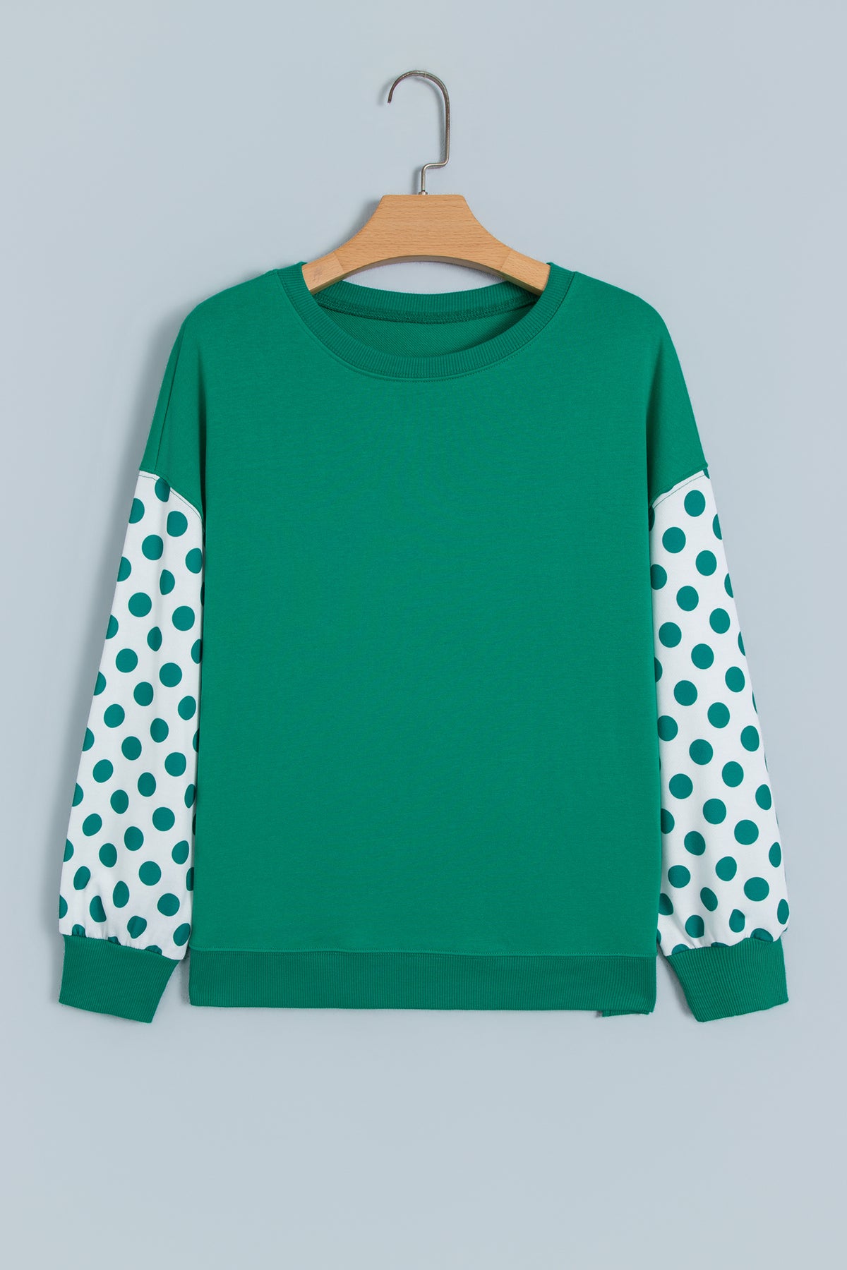 Khaki Polka Dot Patchwork Sleeve Crew Neck Loose Pullover Sweatshirt