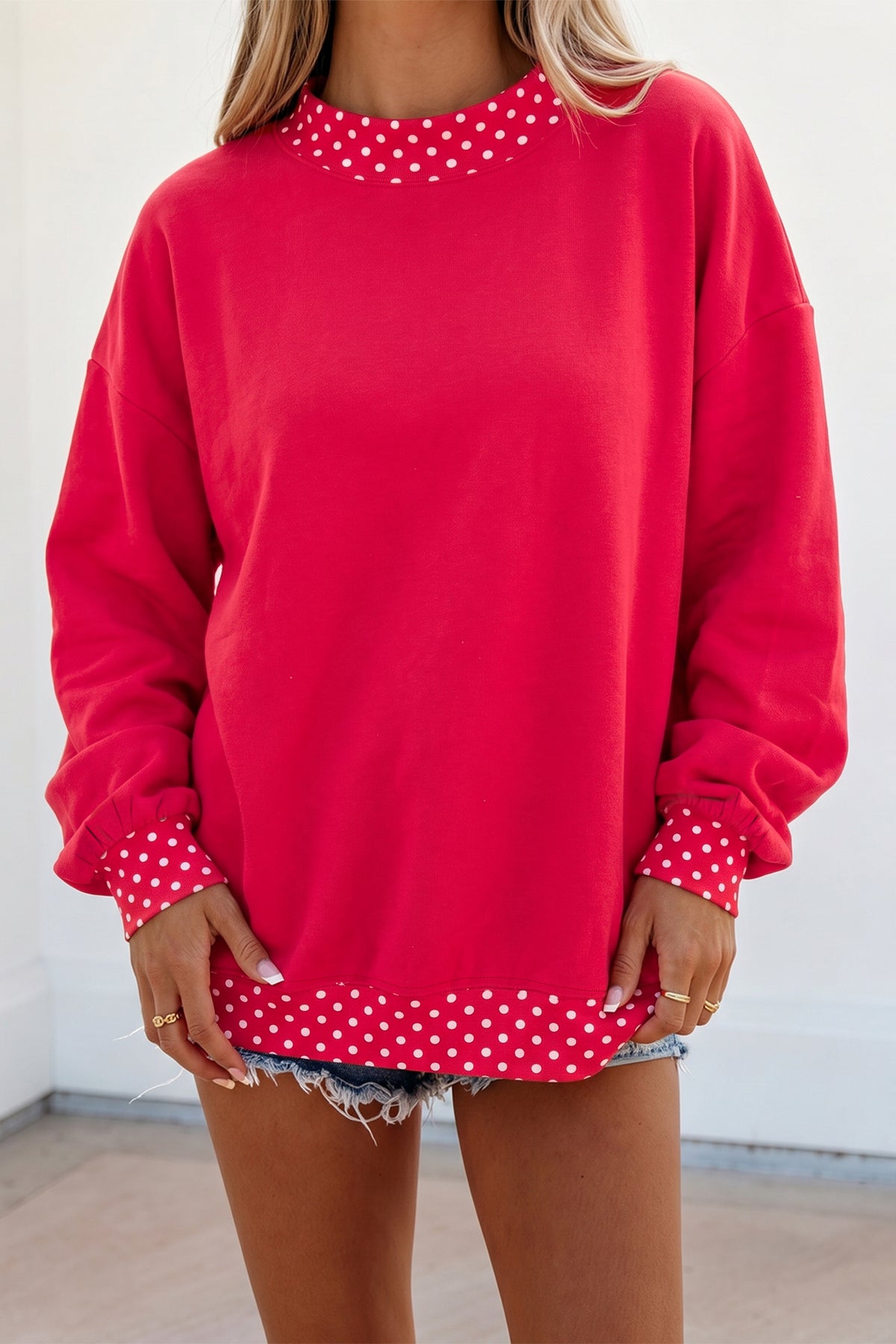 Tillandsia Purple Colorblock Polka Dot Contrast Trim Oversized Sweatshirt