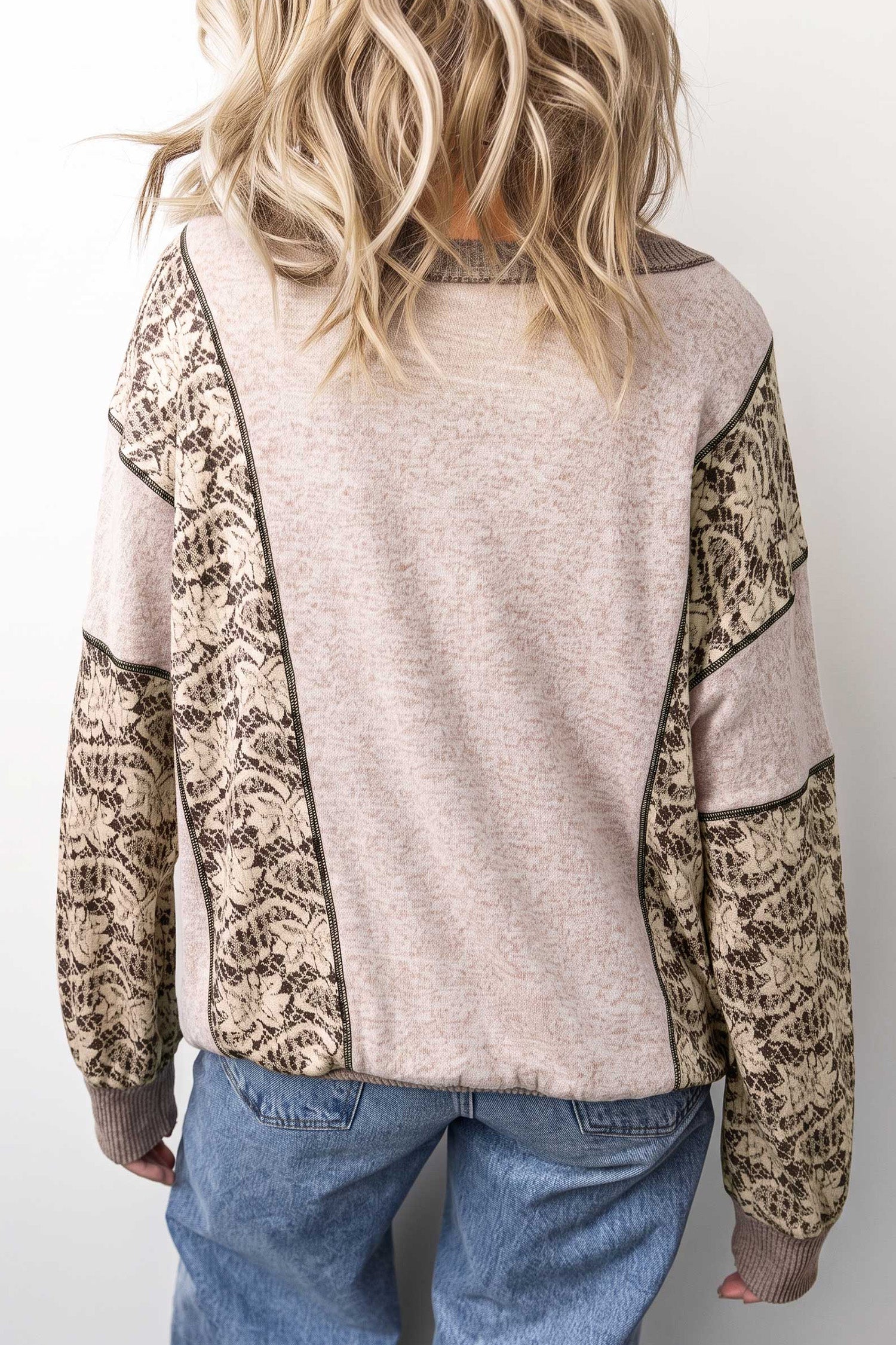 Womens Khaki Floral Print Round Neck Long Sleeve Shift Top