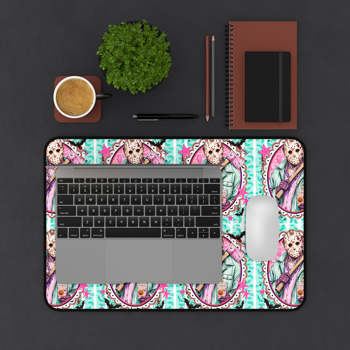 Retro Pastel Jason Pattern Desk Mat — Horror Movie Aesthetic Gaming Mouse Pad