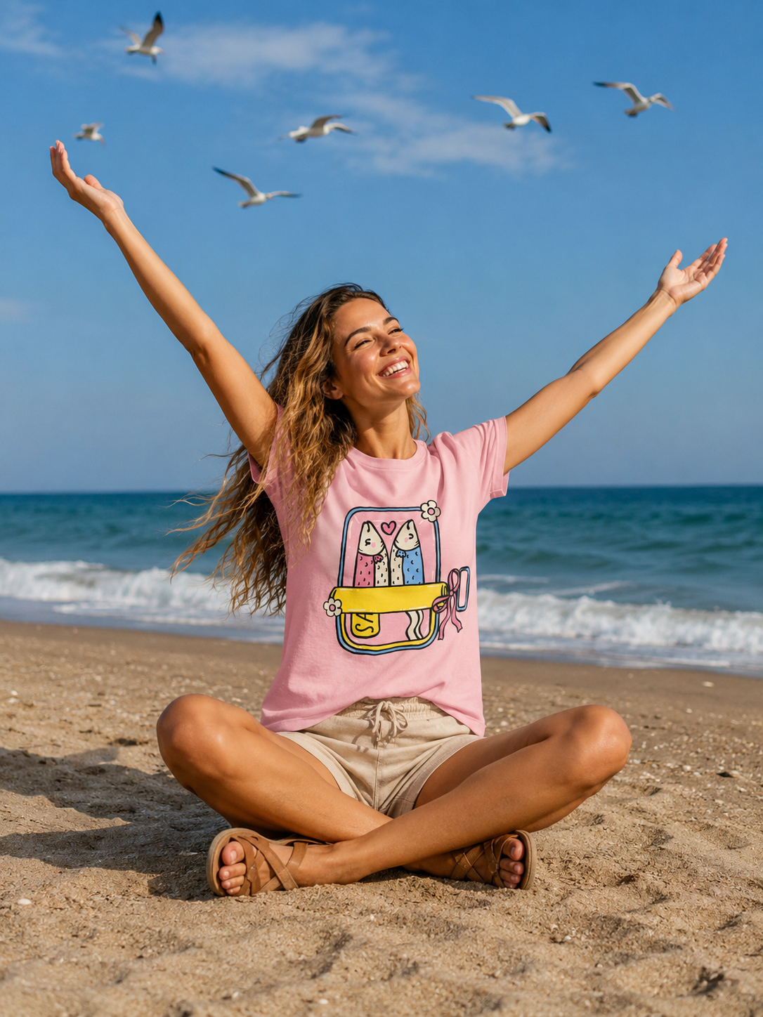 Cute Sardine Pastel Sleepingbag Illustration T-Shirt | Pastel Beach Graphic