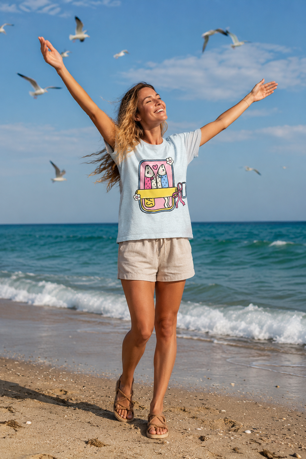 Cute Sardine Pastel Sleepingbag Illustration T-Shirt | Pastel Beach Graphic