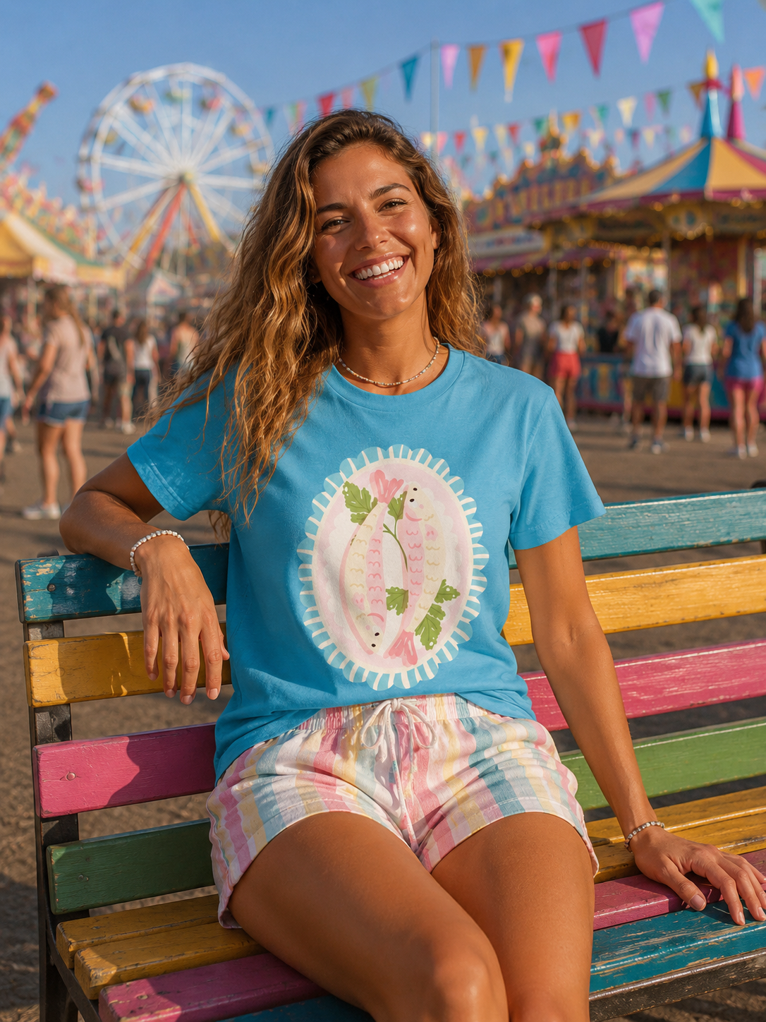 Pink Sardine Platter Illustration T-Shirt | Cute Aquatic Creature Tee, Floral Frame