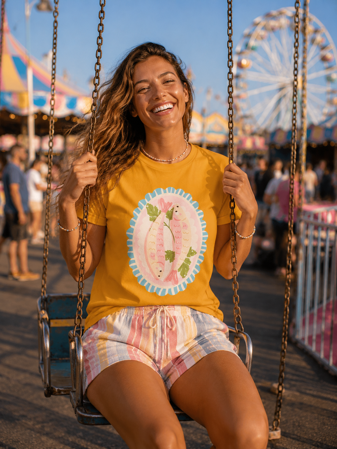 Pink Sardine Platter Illustration T-Shirt | Cute Aquatic Creature Tee, Floral Frame