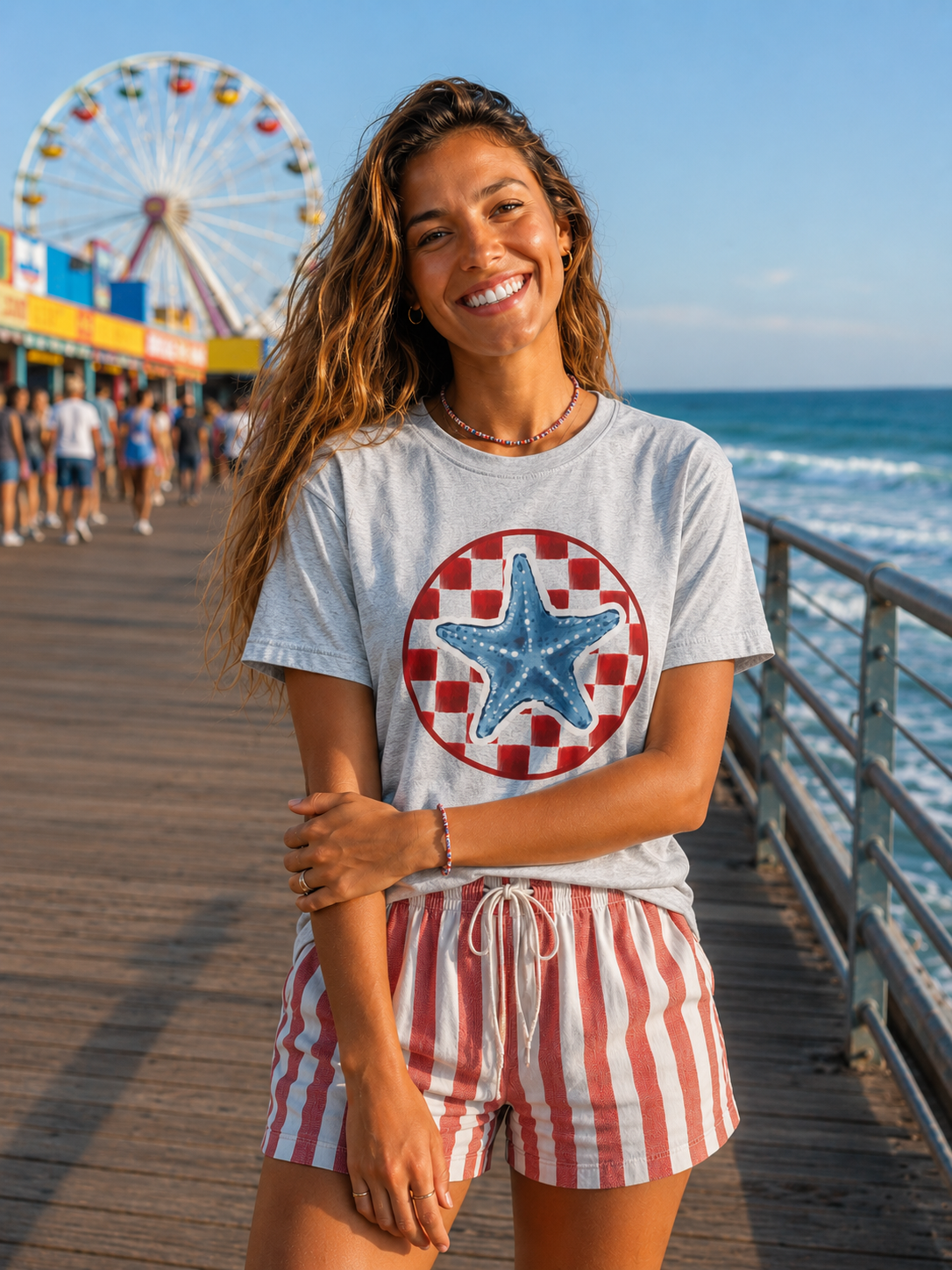 Blue Starfish on Red Check Circle T-Shirt | Nautical Beach Tee