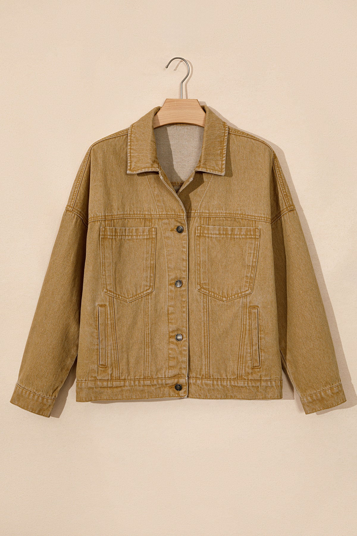Honey gold Metal Button Front Long Sleeve Collar Denim Jacket