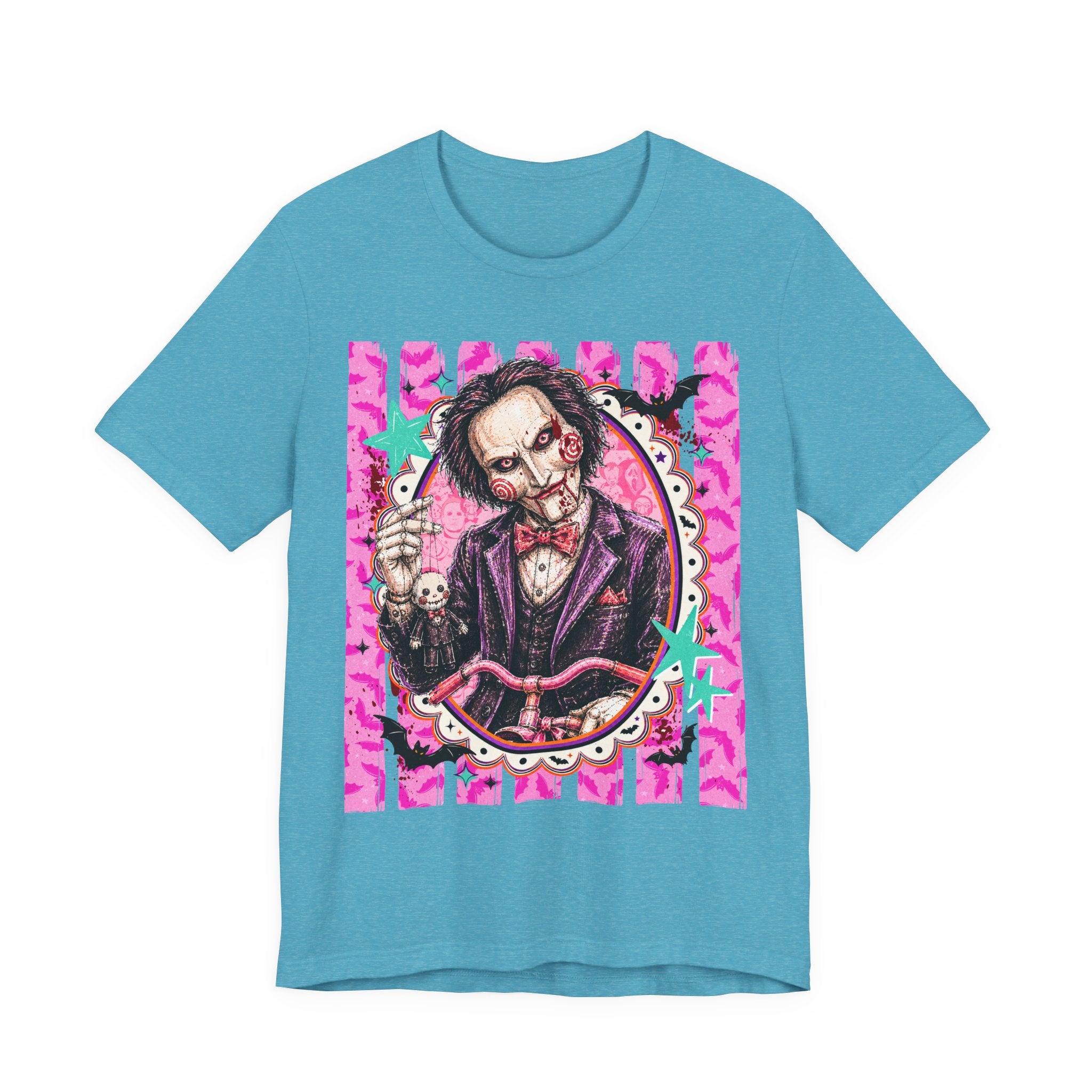 Saw Puppet Graphic Tee — Retro Pink Horror Movie T-Shirt