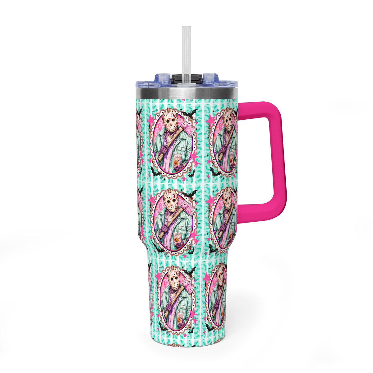 40oz Jason Halloween Vacuum Tumbler — Insulated Travel Mug with Cute Portrait Pattern