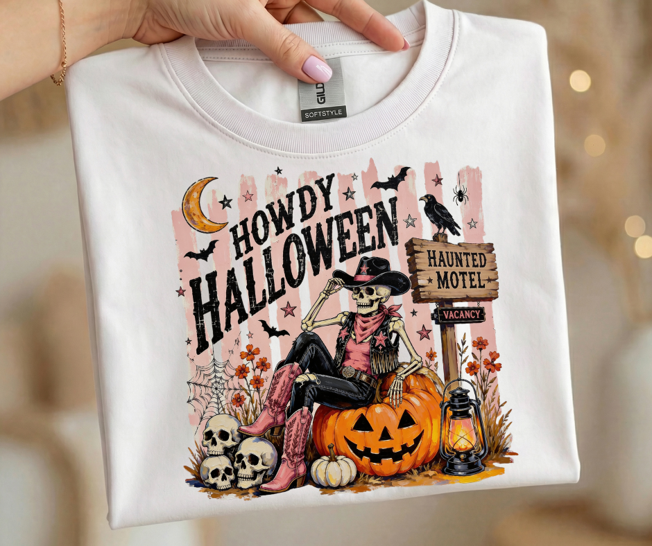 Howdy Halloween T-Shirt — Western Haunted Motel Pumpkin Skull Tee