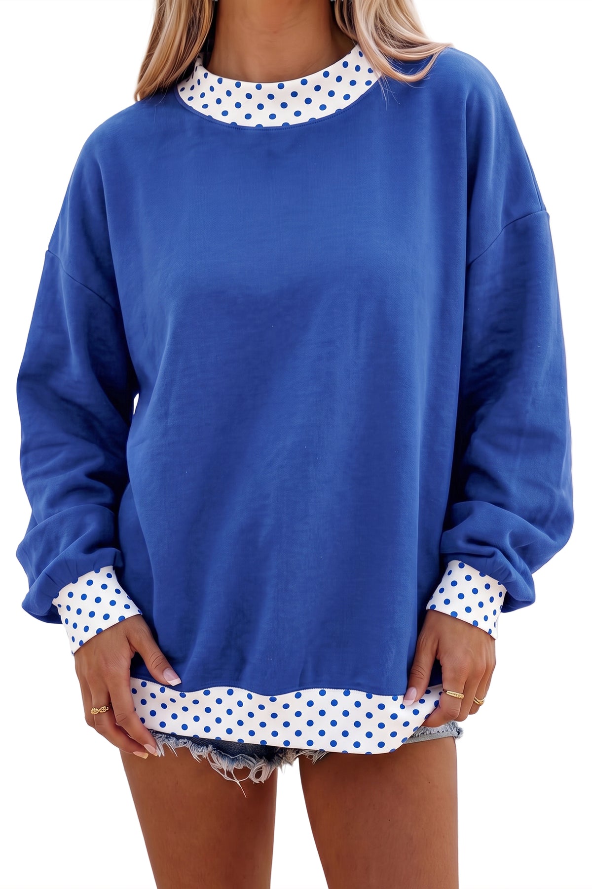 Tillandsia Purple Colorblock Polka Dot Contrast Trim Oversized Sweatshirt