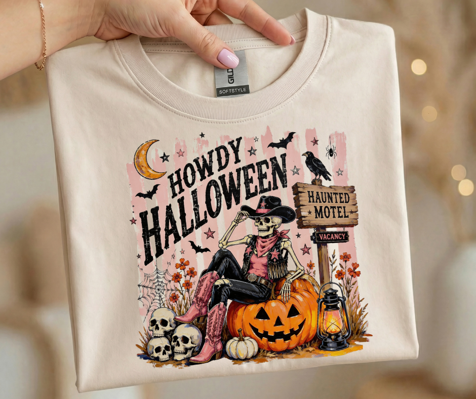 Howdy Halloween T-Shirt — Western Haunted Motel Pumpkin Skull Tee
