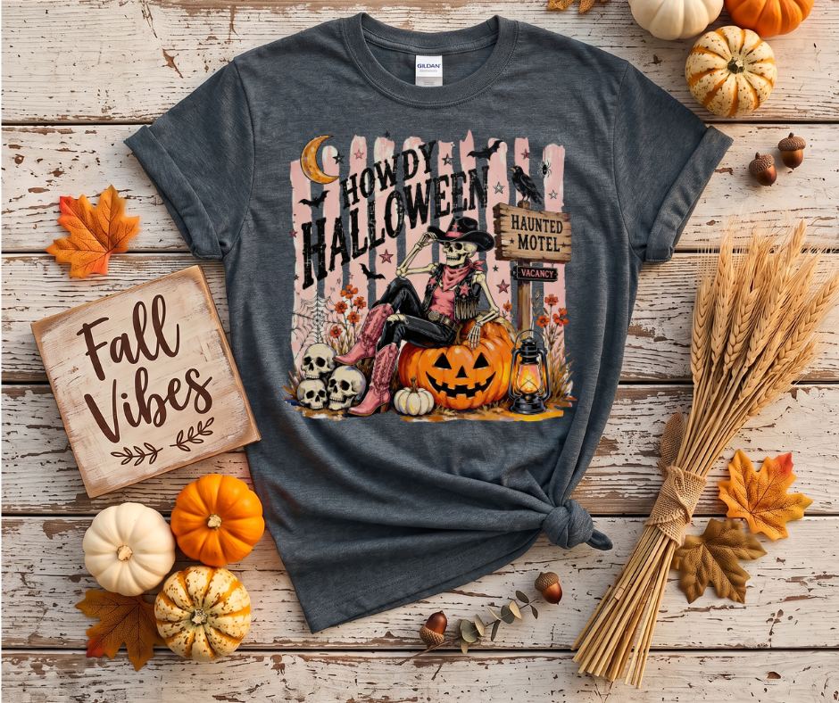 Howdy Halloween T-Shirt — Western Haunted Motel Pumpkin Skull Tee