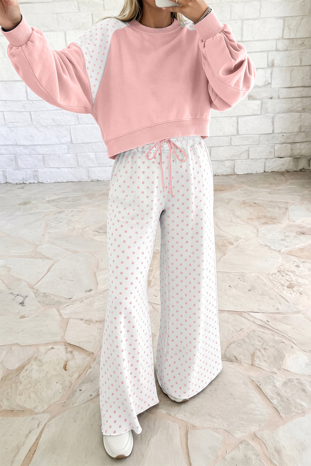 Polka Dot Patchwork Colorblock Long Sleeve Casual Two Piece Pants Set