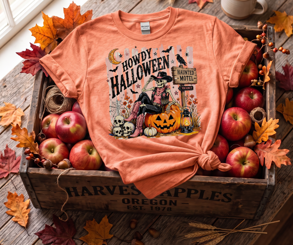 Howdy Halloween T-Shirt — Western Haunted Motel Pumpkin Skull Tee