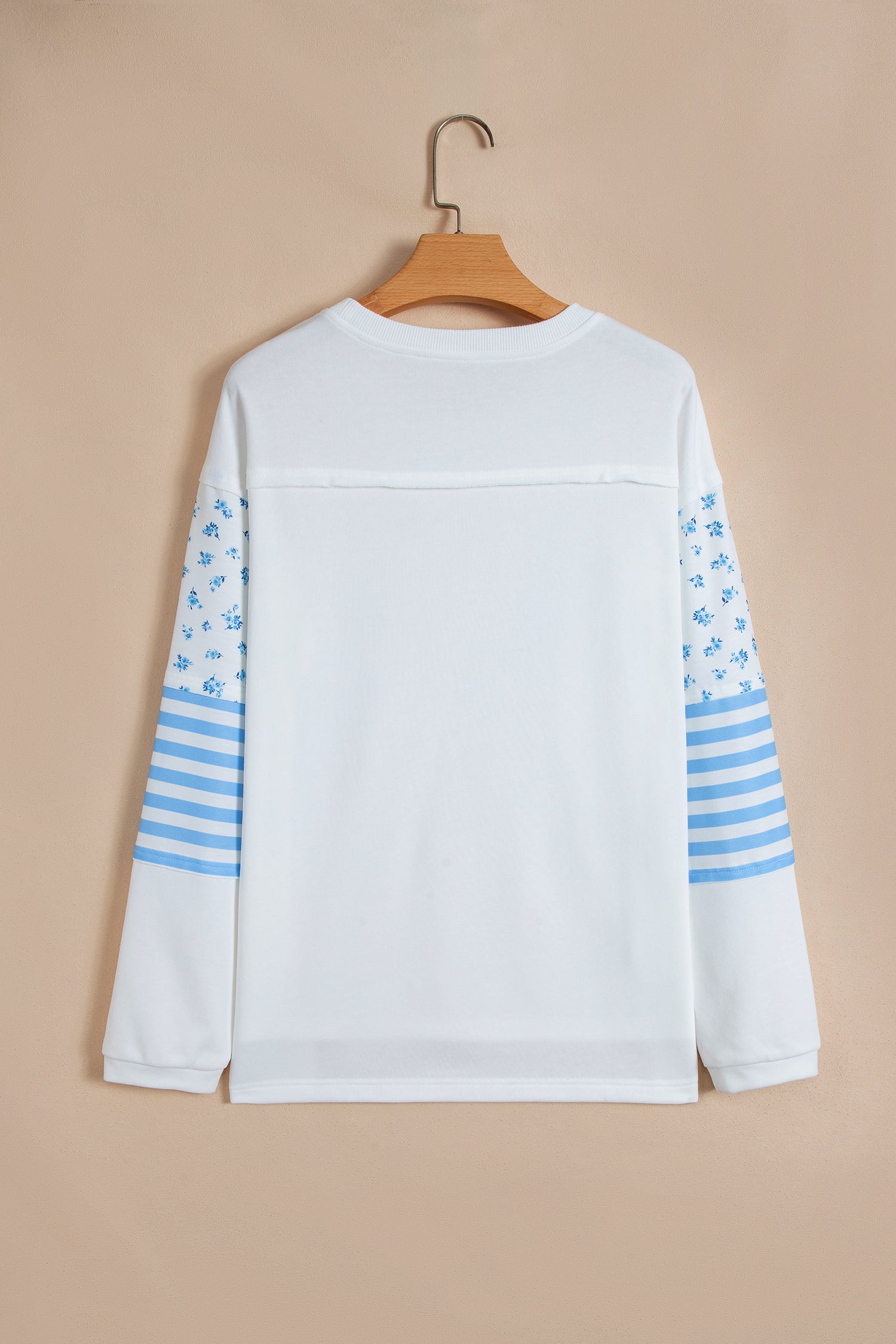 Beige Floral Striped Long Sleeve Contrasted Pullover Top