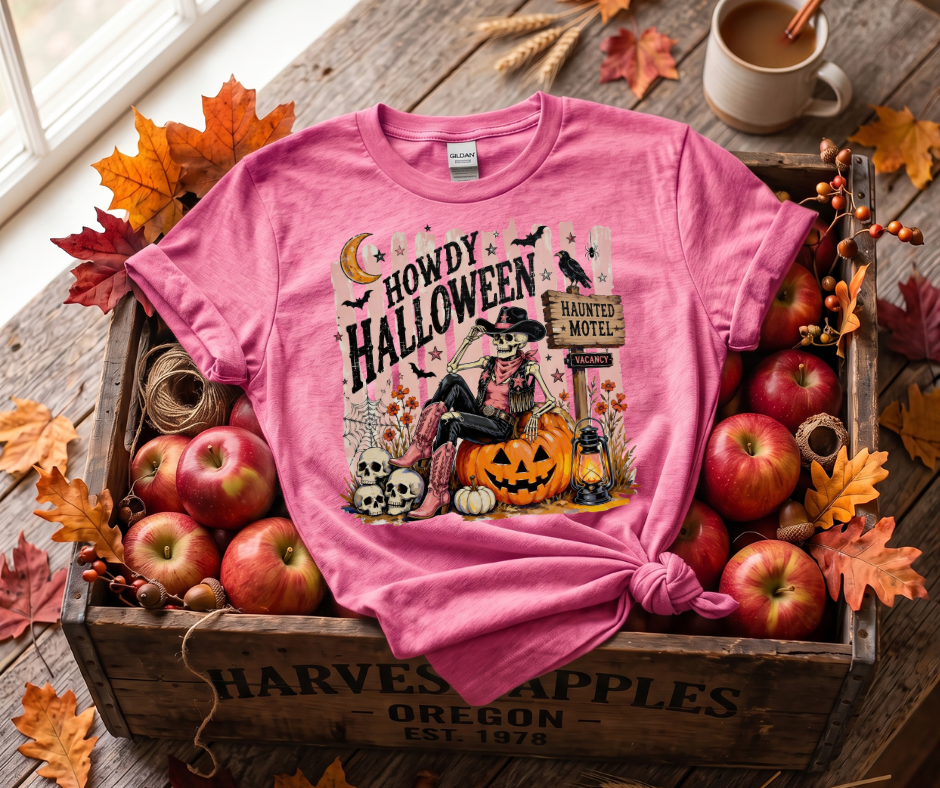Howdy Halloween T-Shirt — Western Haunted Motel Pumpkin Skull Tee