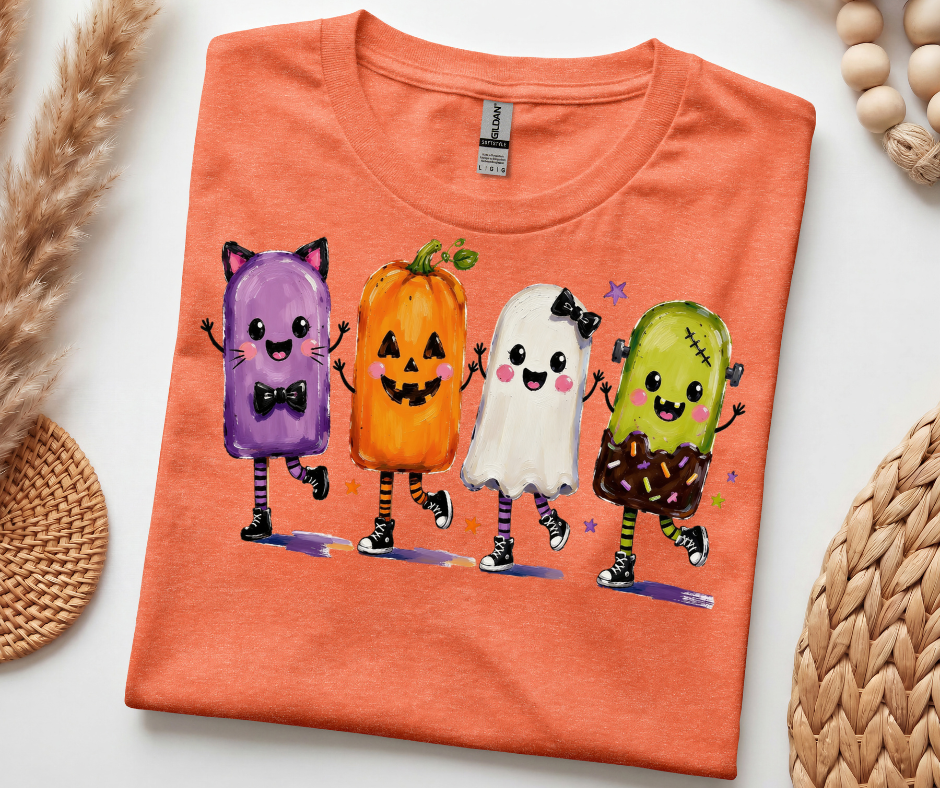 Halloween Popsicle Crew T-Shirt — Cute Dancing Pumpkin, Ghost & Candy Characters