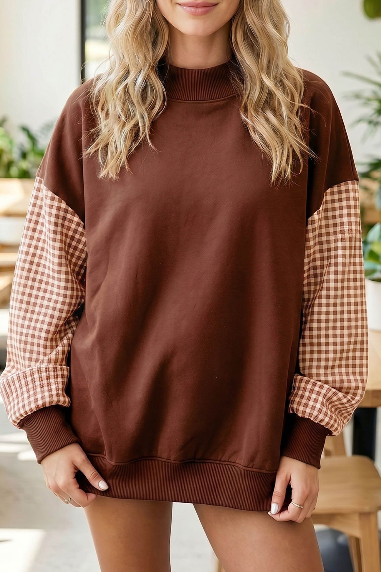 Black Plaid Sleeve Colorblock Loose Tunic Sweatshirt