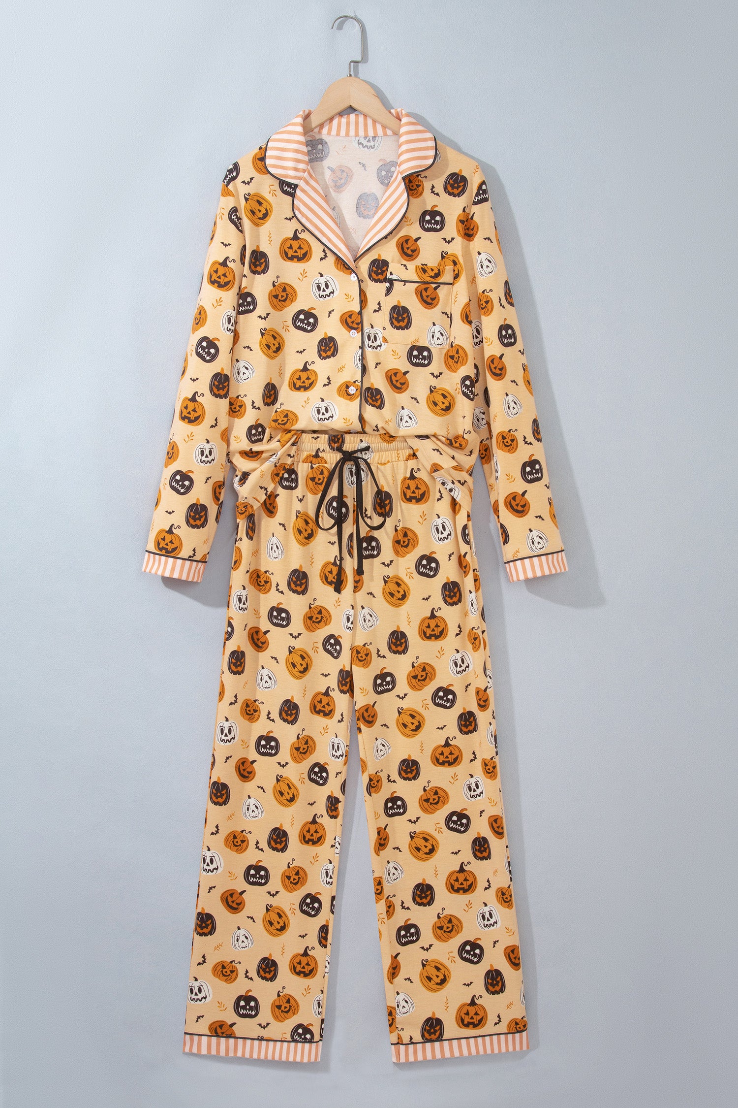 Orange Halloween Pumpkin Print Two Piece Long Sleeve Lounge Set
