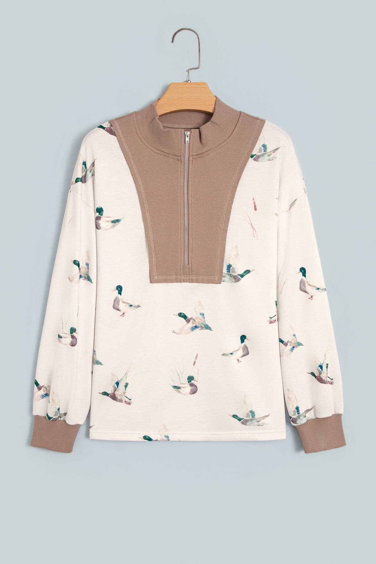 Beige Wild Mallard Print Color Block Patchwork Zip Neck Tunic Top