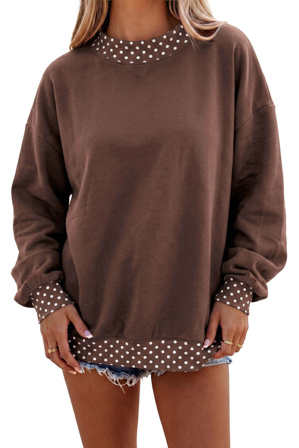 Tillandsia Purple Colorblock Polka Dot Contrast Trim Oversized Sweatshirt