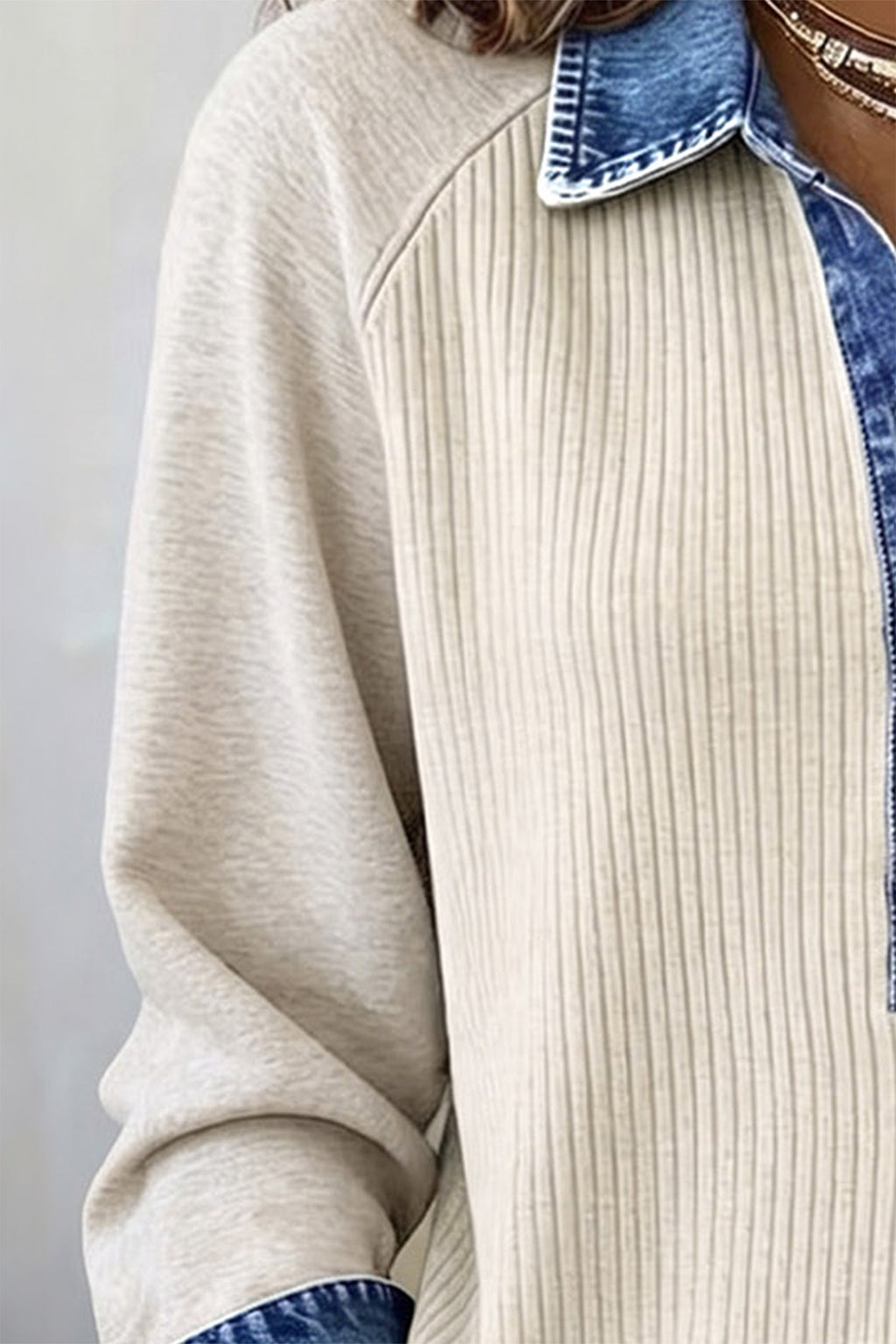 Light Grey Ribbed Denim Colorblock Detail Button Collar Long Sleeve Top