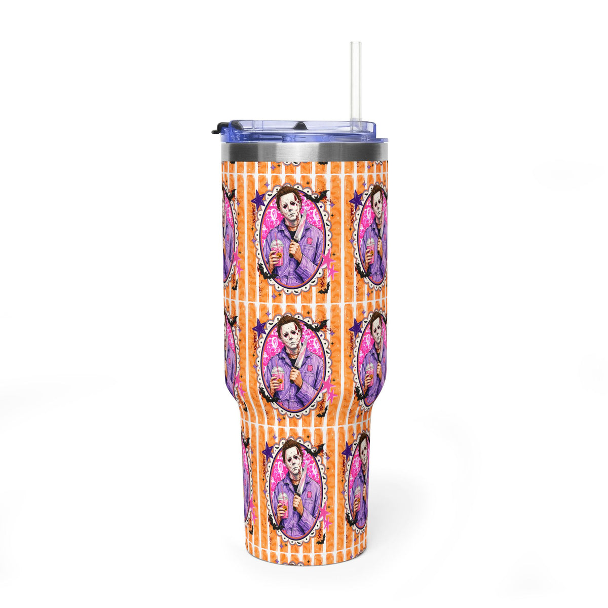40oz Halloween Michael Myers Tumbler — Retro Orange Striped Vacuum Insulated Cup