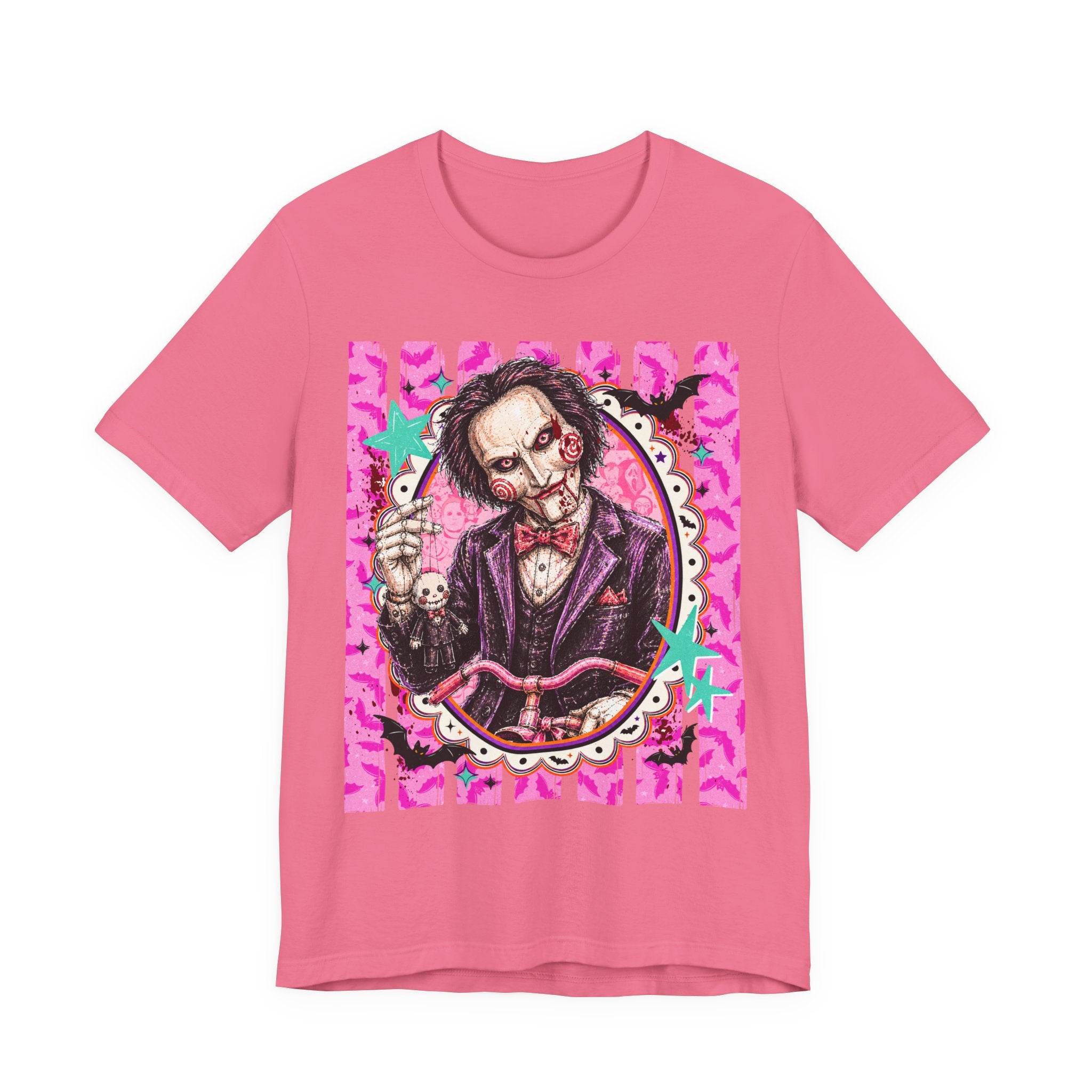 Saw Puppet Graphic Tee — Retro Pink Horror Movie T-Shirt
