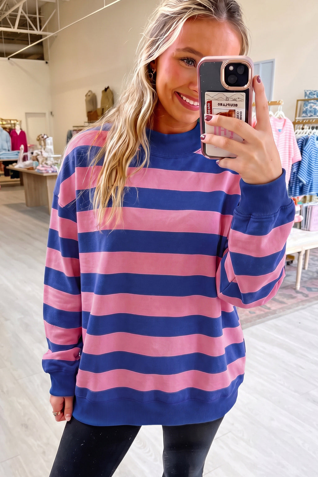 Orange Stripe Colorblock Mock Neck Relaxed Sweatshirt