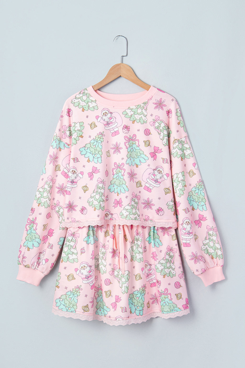 Pink Floral Print Lace Trim Long Sleeve Skirt Set