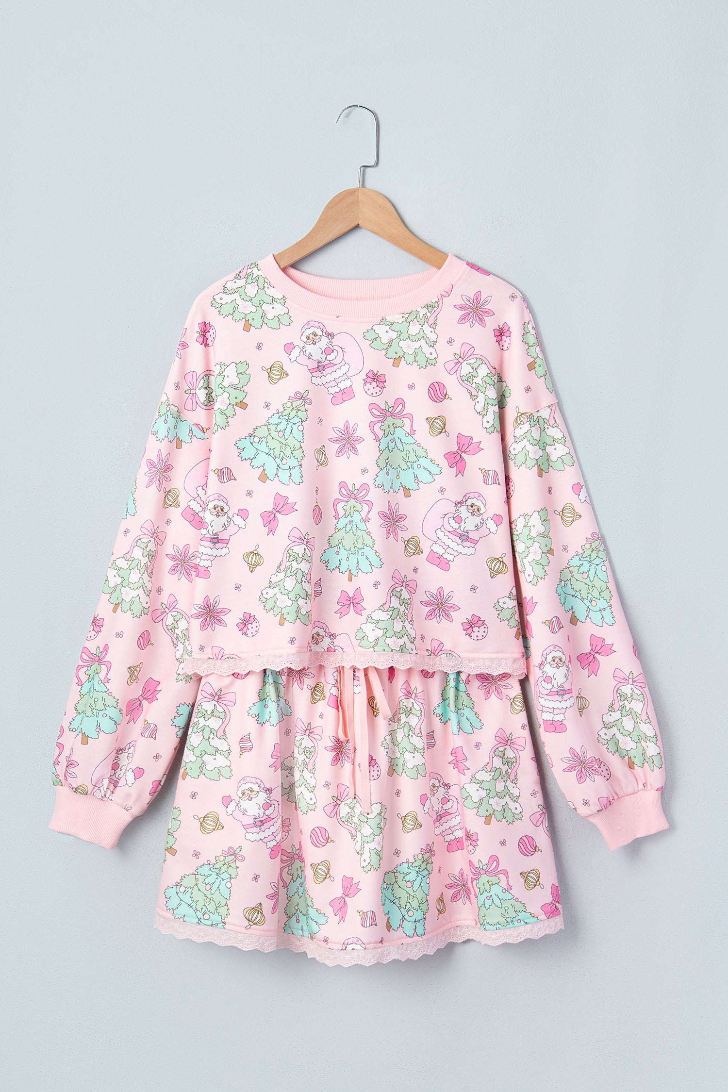 Pink Floral Print Lace Trim Long Sleeve Skirt Set