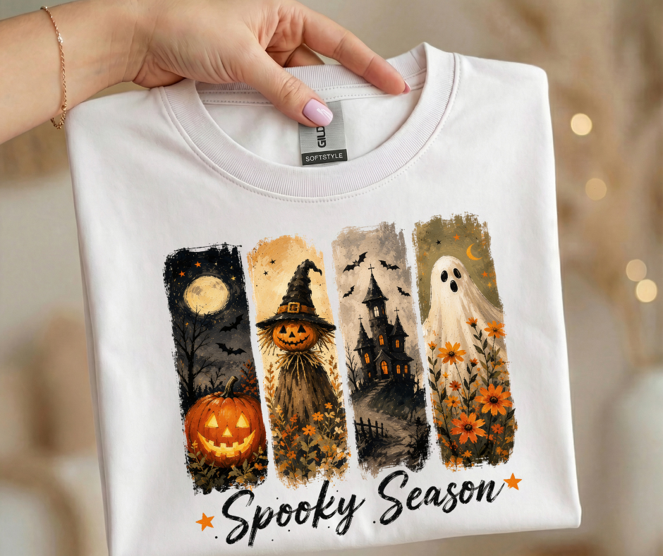 Halloween Spooky Season T-Shirt — Pumpkin, Witch, Haunted House & Ghost Graphic Tee