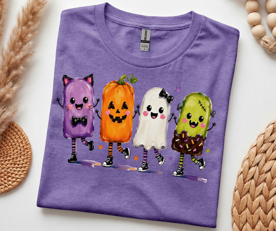 Halloween Popsicle Crew T-Shirt — Cute Dancing Pumpkin, Ghost & Candy Characters