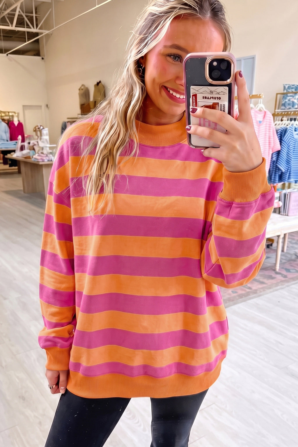 Orange Stripe Colorblock Mock Neck Relaxed Sweatshirt