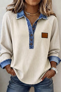 Light Grey Ribbed Denim Colorblock Detail Button Collar Long Sleeve Top