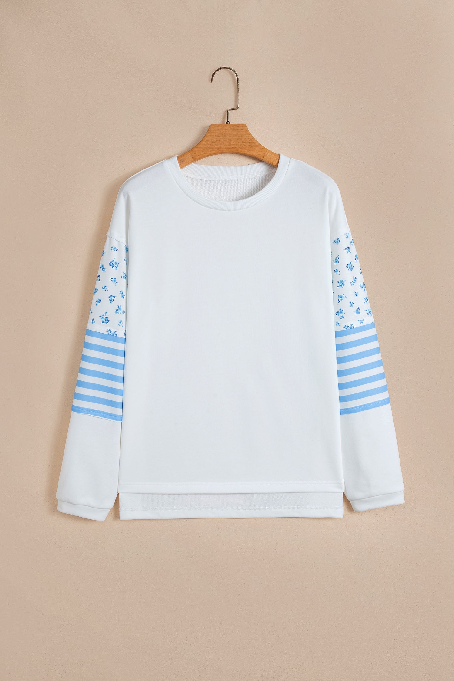 Beige Floral Striped Long Sleeve Contrasted Pullover Top