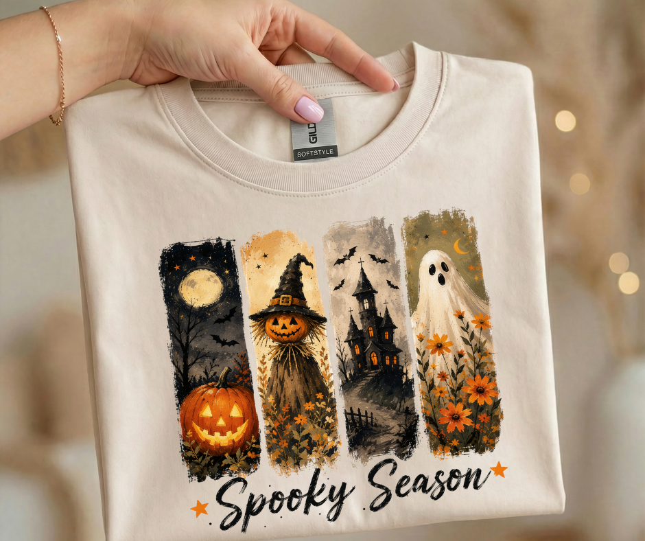 Halloween Spooky Season T-Shirt — Pumpkin, Witch, Haunted House & Ghost Graphic Tee