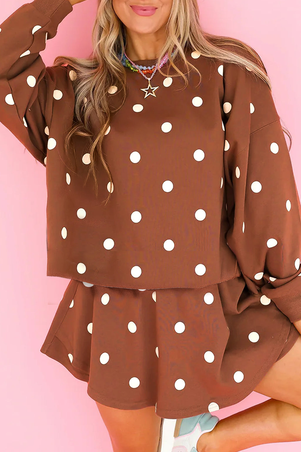 Red Polka Dot Raw Hem Relaxed Pullover Loose Skort Two Piece Set