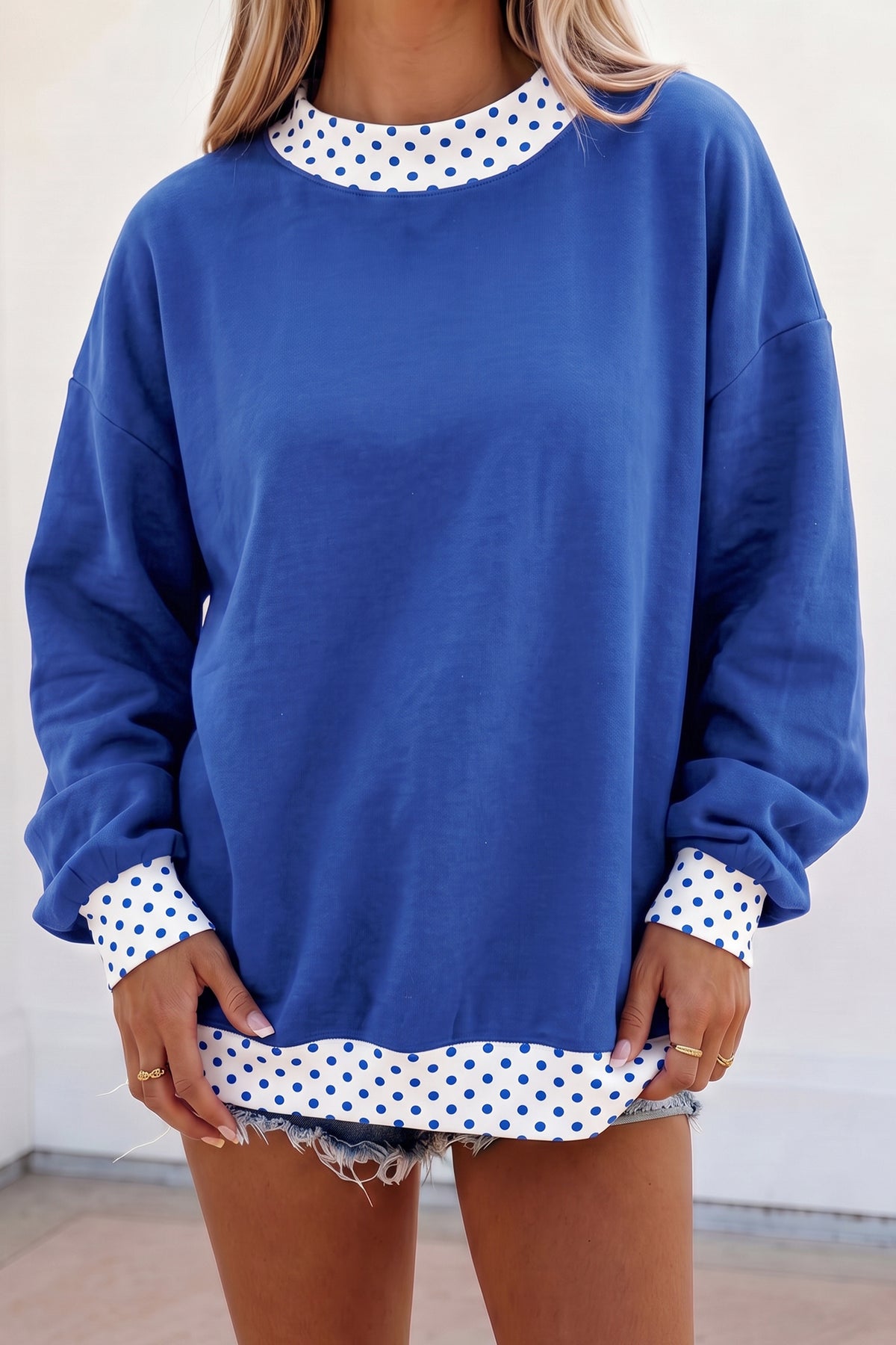 Tillandsia Purple Colorblock Polka Dot Contrast Trim Oversized Sweatshirt