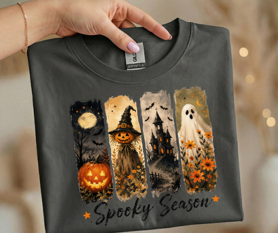Halloween Spooky Season T-Shirt — Pumpkin, Witch, Haunted House & Ghost Graphic Tee