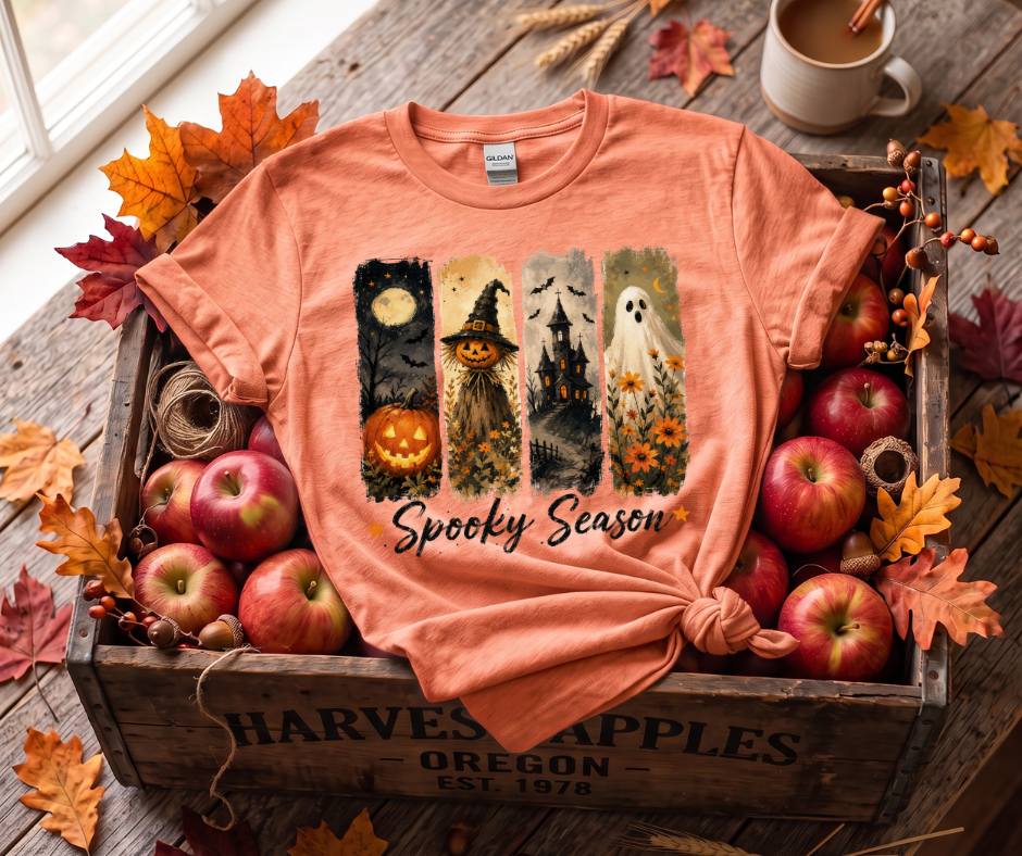 Halloween Spooky Season T-Shirt — Pumpkin, Witch, Haunted House & Ghost Graphic Tee