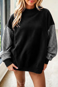 Black Plaid Sleeve Colorblock Loose Tunic Sweatshirt
