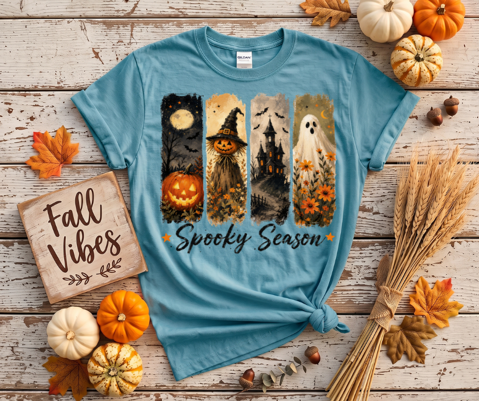 Halloween Spooky Season T-Shirt — Pumpkin, Witch, Haunted House & Ghost Graphic Tee