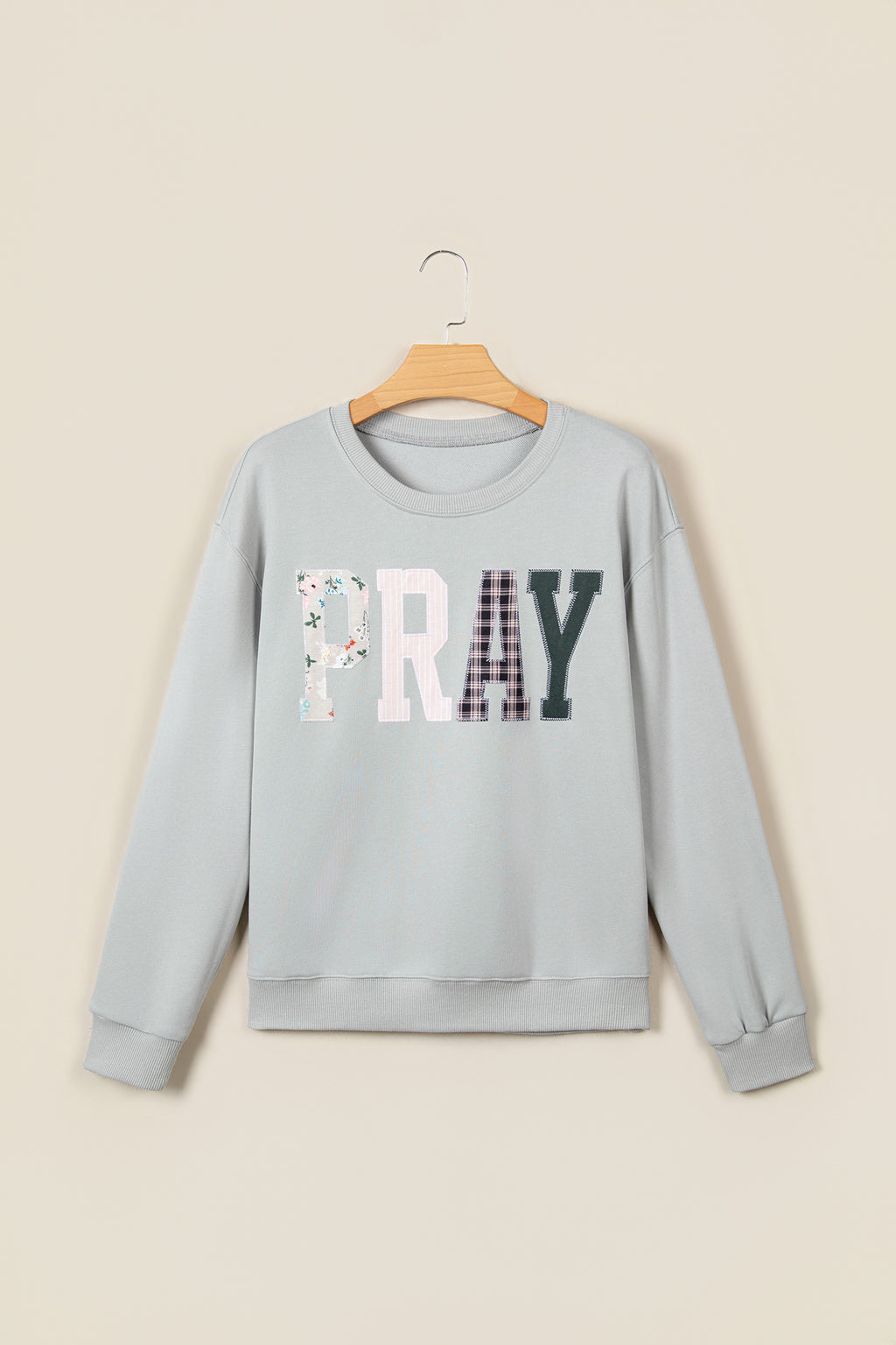 Gray Floral Buffalo Plaid Striped Embroidered Patch Western Pullover Sweatshirt