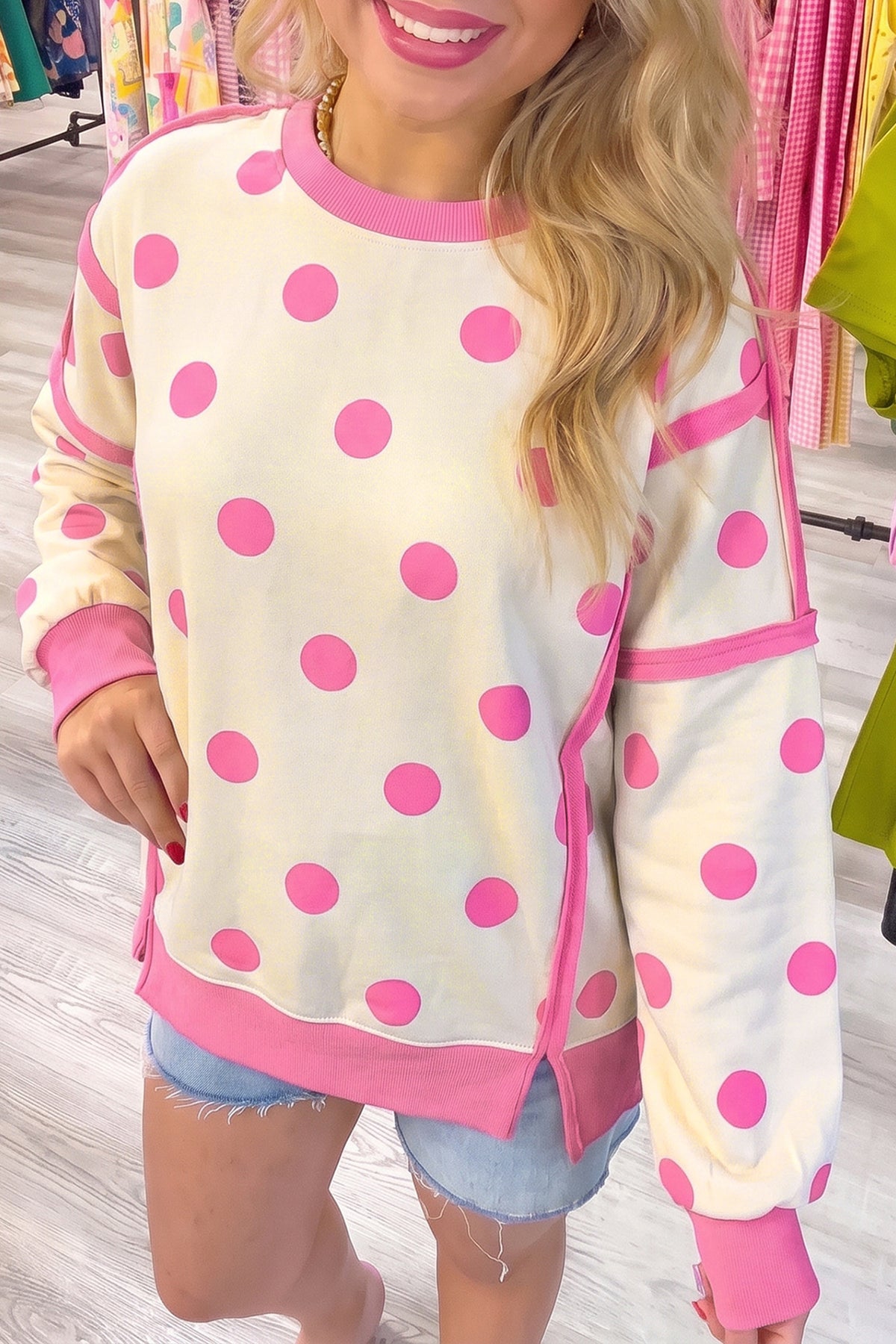 Blue Polka Dot Contrast Patchwork Round Neck Baggy Sweatshirt