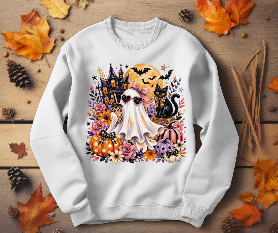 Halloween Ghost Crewneck Sweatshirt — Cute Ghost, Pumpkins & Black Cat Halloween Pullover