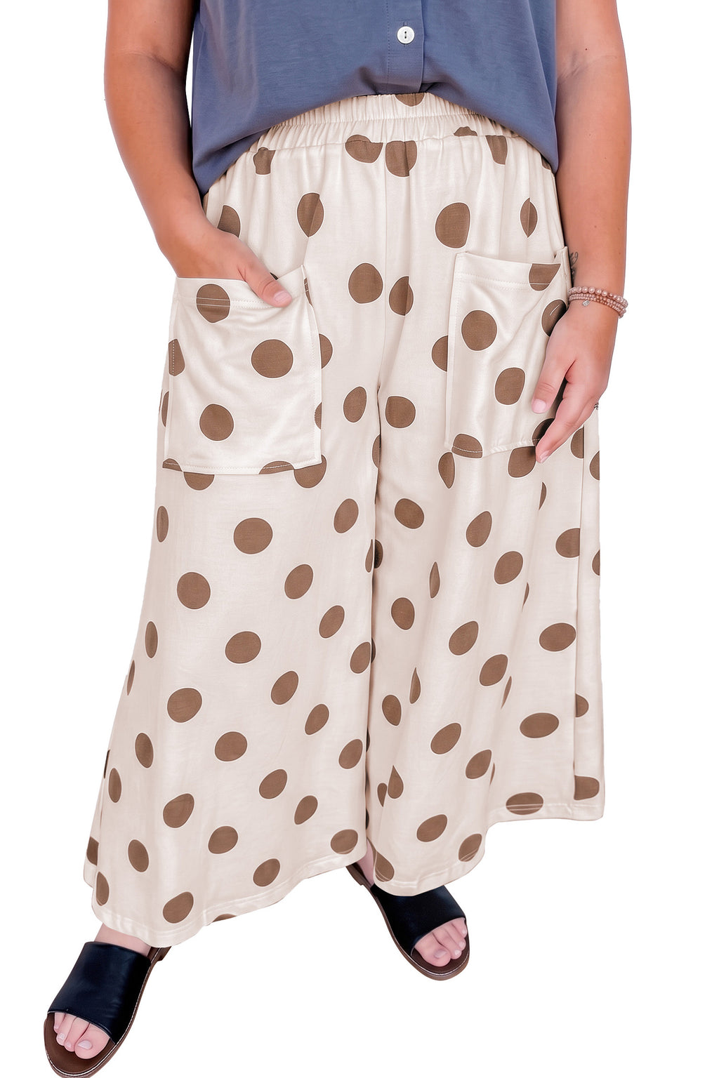 Sky Blue Polka Dot Elastic Waist Wide Leg Plus Size Pants