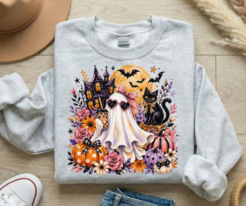 Halloween Ghost Crewneck Sweatshirt — Cute Ghost, Pumpkins & Black Cat Halloween Pullover